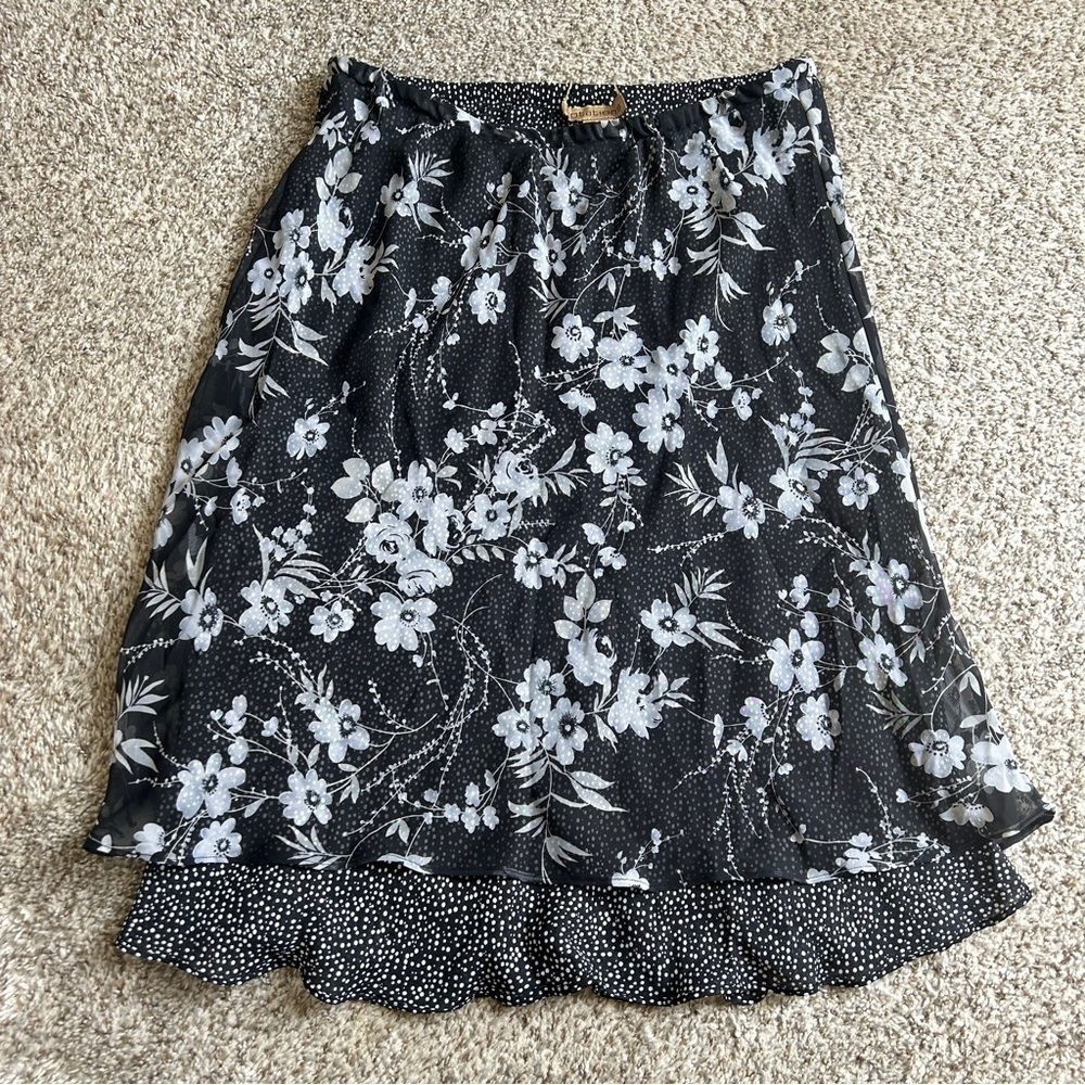Notations Black and White Floral Polka Dot Reversible A-Line Skirt Casual Formal